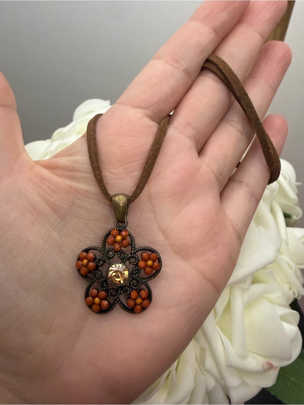 Boho Flower Pendant Necklace in Brown and Orange
